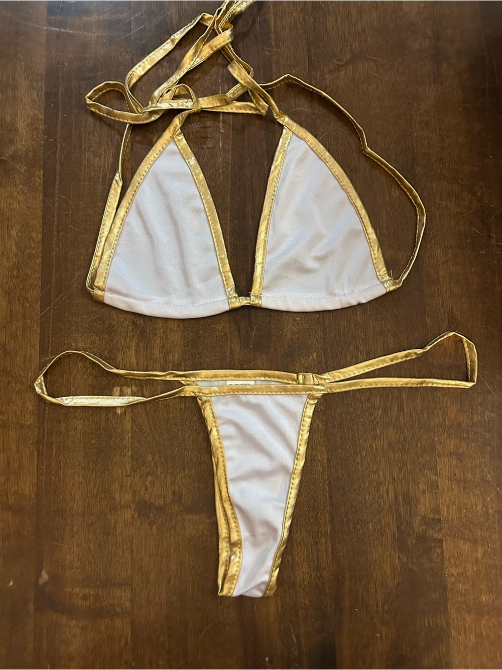 NWOT Sexy Skimpy White w/ Gold Lame Piping Triangle Top Rio Cut Bottom Bikini